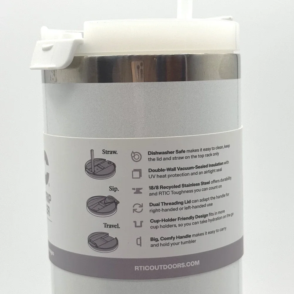 RTIC 40oz Road Trip Tumbler White Ceramic Lined Insulated Travel Mug with Handle